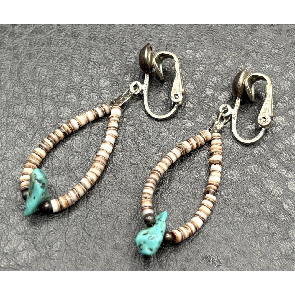 VTG Turquoise Sterling Silver Teardrop Beaded Heishi Dangle Drop Clip Earrings